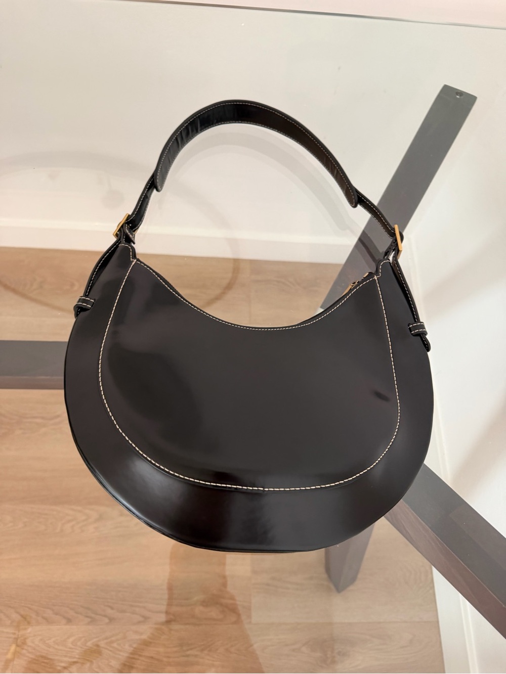 Flattered Lunar Bag Contrast Stitching Black Leather Crescent Hobo Italy